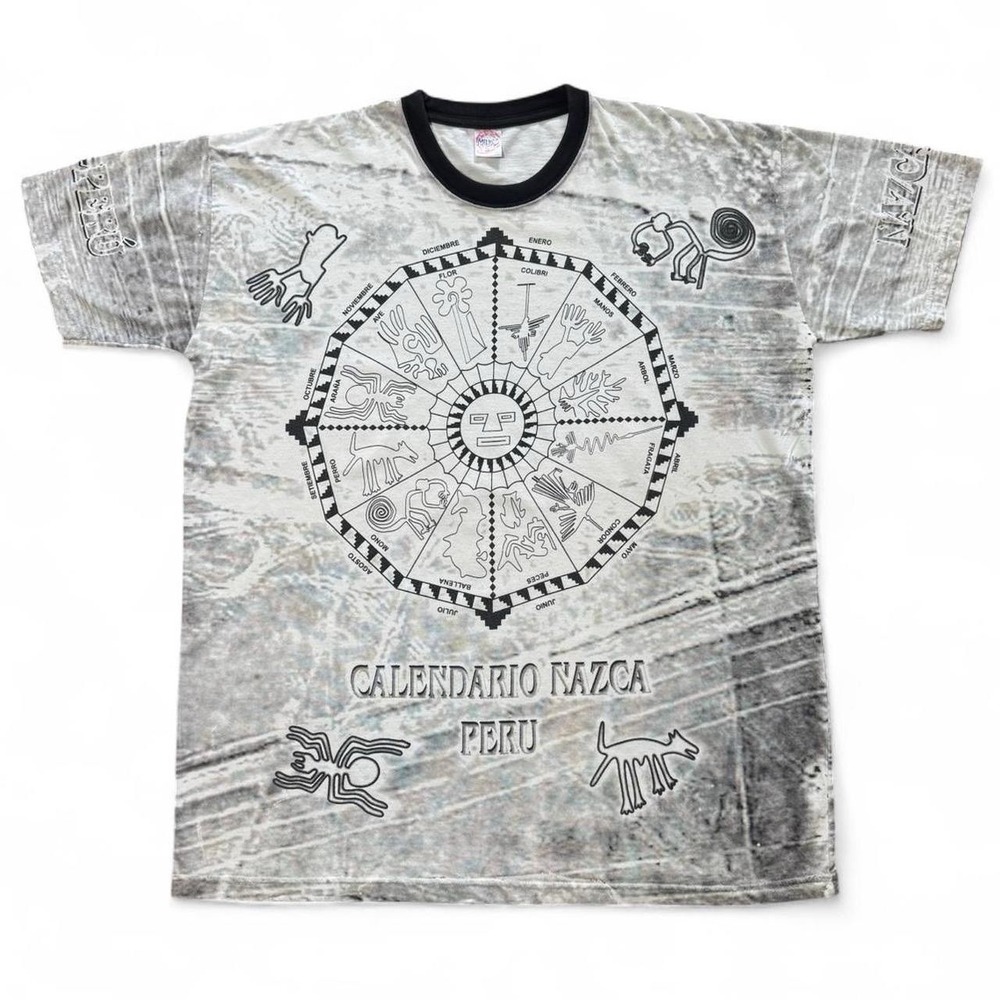 Vintage 90s AOP Ancient Rufyars Peruvian Calendar Aztec Design Ringer T-shirt XL